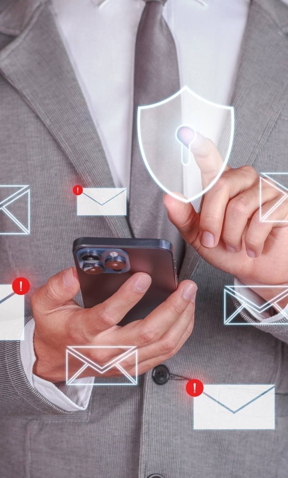 Cybersecurity and Email Protection. Businessman using smartphone with email notifications.